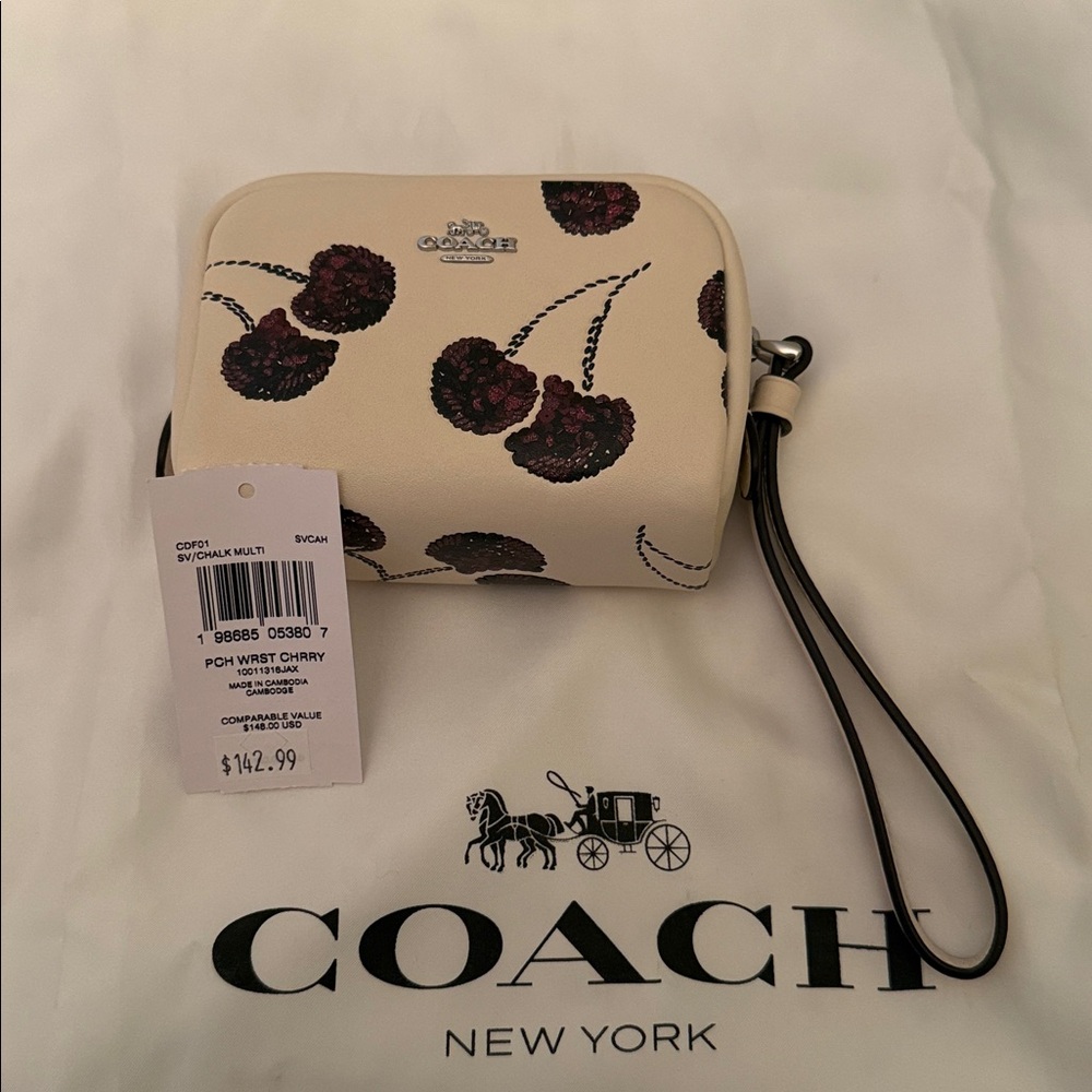 🍒🩶 Coach NWT Chalk Pouch Wristlet With sparkling Cherry Print /Silver Hardware - Picture 4 of 7